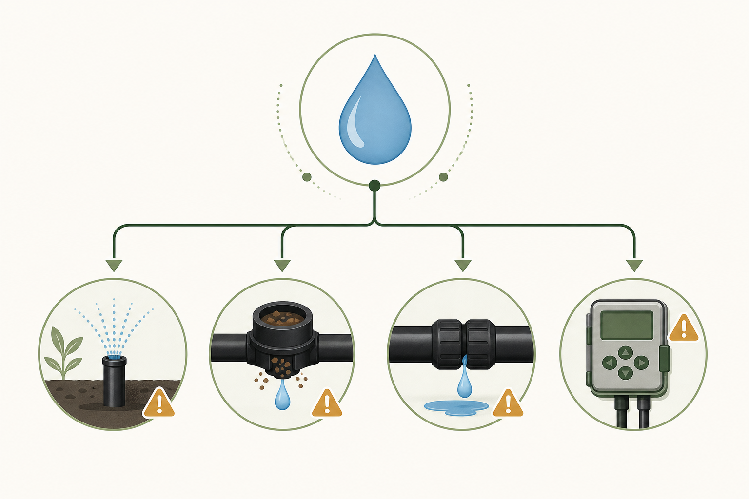 Irrigation troubleshooting decision path for weak flow, clogging, leaks, and controller faults.